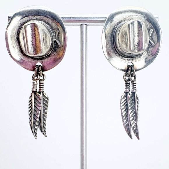 VTG Sterling Silver 925 Cowboy Hat Feather Dangle Earrings Size 2" Length - Picture 1 of 9